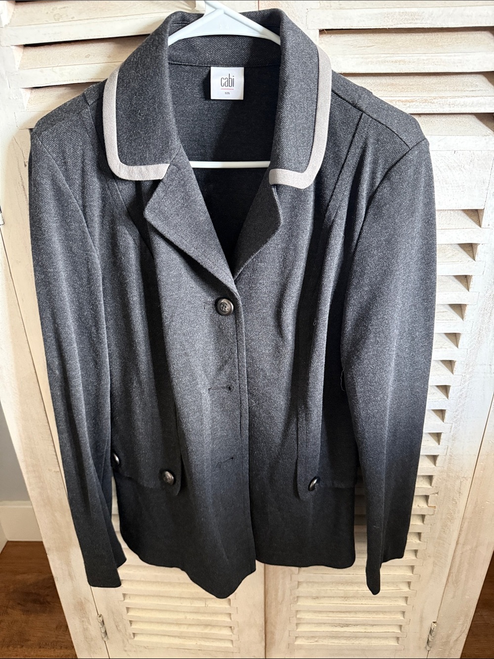 CAbi Dark Gray Button-Front Blazer with Cream Trim